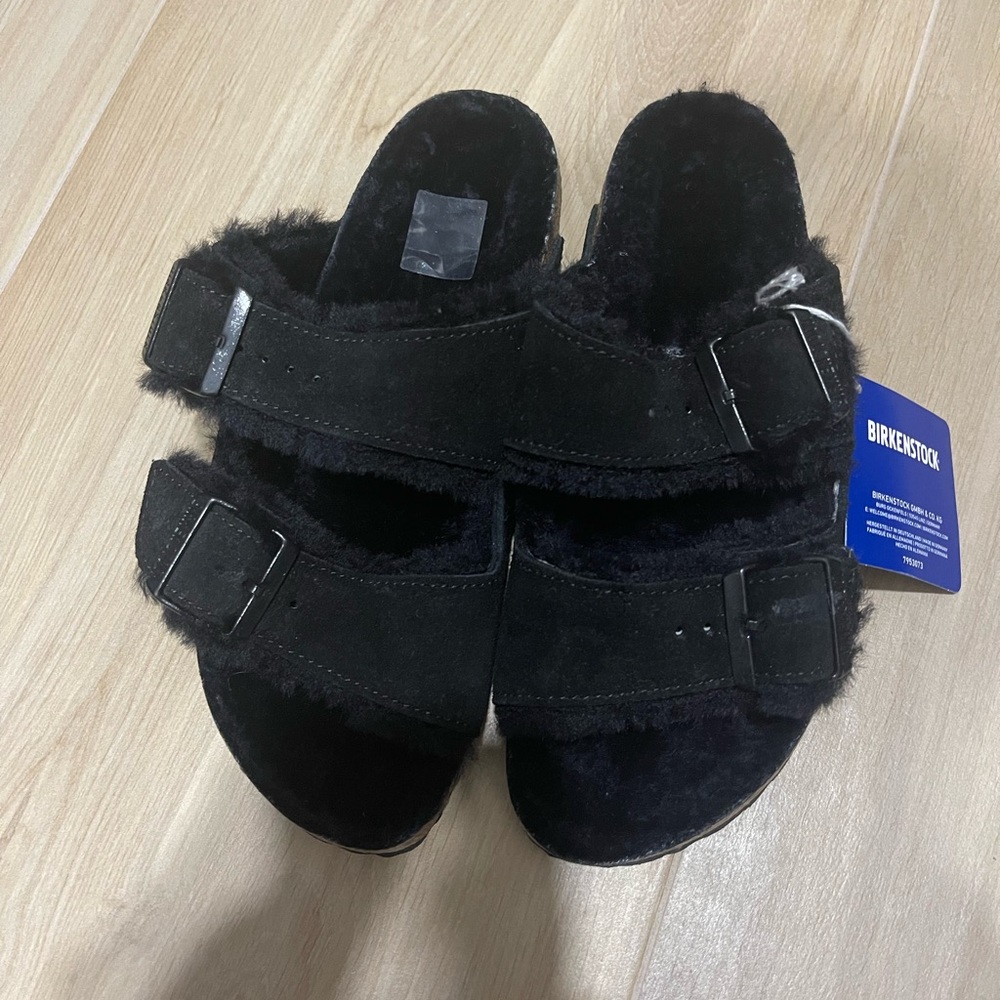 Birkenstock suede shearling buckle sandals | Sz 38